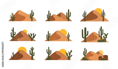 Collection of Desert landscape with cactus plants.