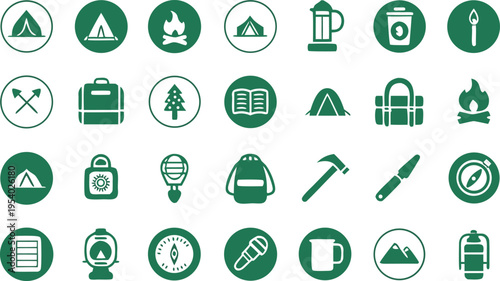Collection of green circular icons representing various camping and outdoor survival equipment