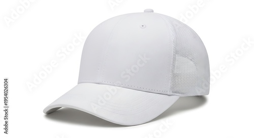 White baseball cap with mesh back panel and curved brim sports cap
