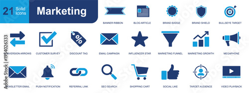 Marketing icon set. Containing banner, blog, badge, shield, target, survey, discount, email, funnel, megaphone, SEO, audience, video, cart and more. Solid fill vector icons collection.