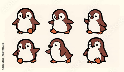 Collection of Cute cartoon penguins standing together.