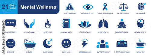 Mental wellness icon set. Containing meditation pose, support group, journal book, awareness ribbon, lotus flower, sleep moon, therapy briefcase and more. Solid vector icons collection.