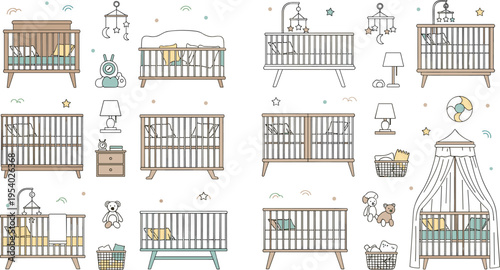 Baby Crib Collection Vector Set with Nursery Beds Mobiles Toys Baskets and Furniture Elements for Newborn Room Design and Childcare Illustration.