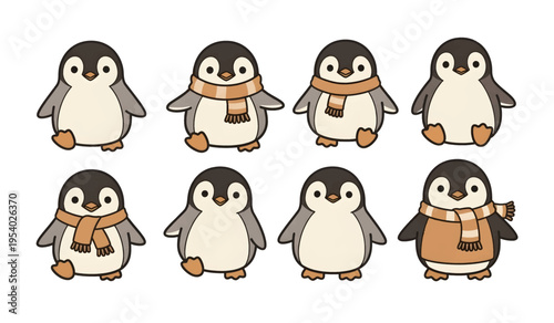 Collection of Cute cartoon penguins wearing scarves standing.