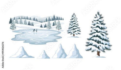Collection of Snowy pine tree winter landscape scene.
