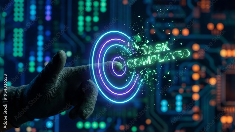 Fototapeta premium A hand interacts with a neon target and code on a circuit board background