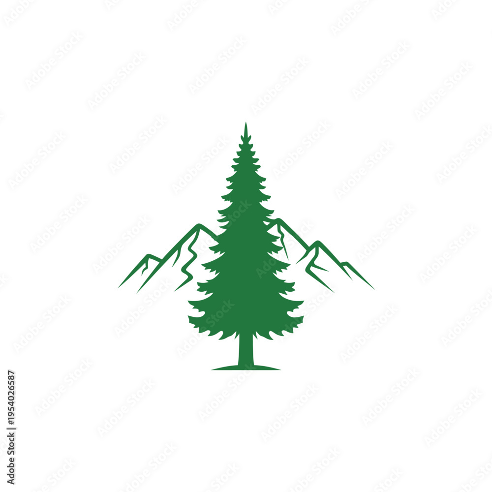Obraz premium Green pine tree with mountain landscape.