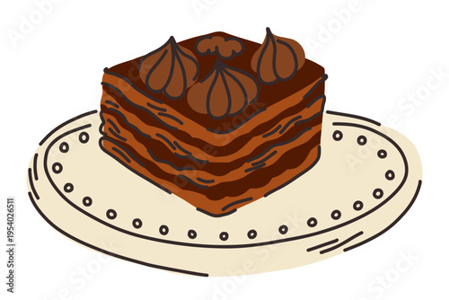 Chocotorta a slice of Argentine chocolate dessert with cream on a plate, Milk soaked chocolate cookies layered with cream cheese