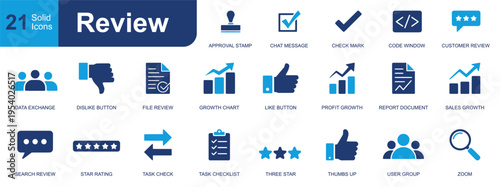 Review icon set. Containing approval stamp, customer review, file review, star rating, thumbs up, growth chart, report document, task checklist and more. Solid vector icons collection.