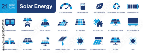 Solar energy icon set. Containing efficiency gauge, meter, recycling, battery, solar panel, inverter, house, streetlight, warranty, water heater and more. Solid fill vector icons collection.