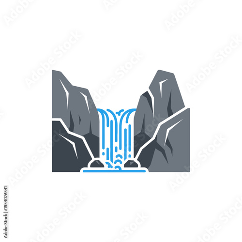 Illustration of a waterfall between mountains.