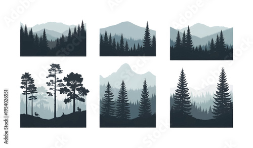 Collection of pine tree silhouettes landscape.