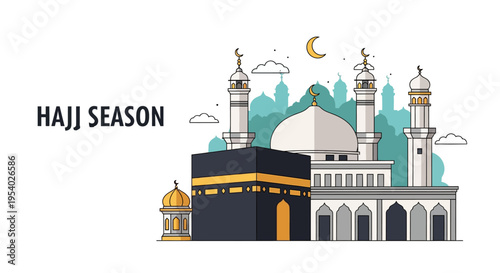 Vector illustration of the Kaaba and Masjid al-Haram in Mecca with Hajj Season text for Islamic pilgrimage invitation, featuring minarets, a large dome, and crescent moon icon.