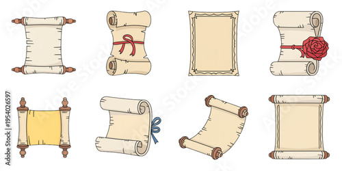 Set of various antique paper scrolls and parchment documents with ribbons and decorative elements Vector