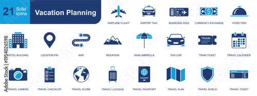 Vacation planning icon set. Containing airplane flight, boarding pass, hotel building, travel calendar, passport, luggage, map, location pin and more. Solid vector icons collection.