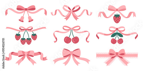 A collection of decorative pink ribbon bows adorned with strawberries and cherries for design use Vector