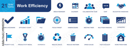 Work efficiency icon set. Containing break reminder, collaboration, kanban board, meeting timer, dashboard, task checklist, work from home, priority flag and more. Solid vector icons collection.