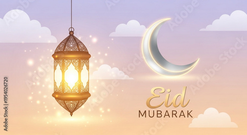 Eid mubarak greeting card with glowing lantern and crescent moon in pastel sky