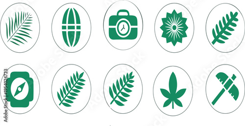 A collection of ten green circular icons depicting various botanical elements and travel objects