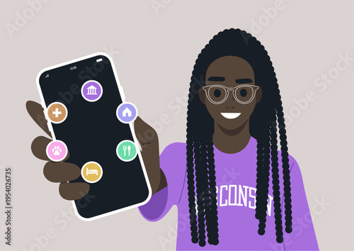 A person smiles while showcasing a smartphone with a pop up menu, The interface features options for home, dining, health, and activities, highlighting daily conveniences in city living