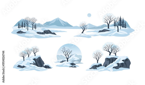 Collection of Snowy landscape with bare trees rocks.