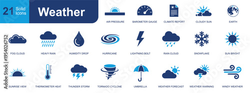 Weather icon set. Containing air pressure, barometer, rain cloud, sun, snowflake, tornado, umbrella, forecast, lightning, humidity, hurricane and more. Solid fill vector icons collection.