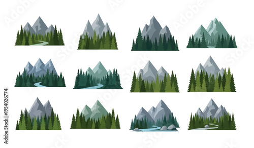 Collection of Mountain Range with Pine Trees.