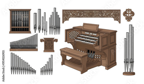 Collection of Large Pipe Organ Instrument Parts Displayed.