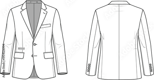 Blank white men's formal suit blazer jacket technical fashion flat sketch showing front and back views for apparel design and uniform mockup vector.
