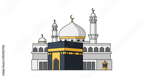 Vector illustration of the Kaaba and Masjid al-Haram in Mecca, Saudi Arabia, showing a large white dome, tall minarets with crescent moon symbols, and gold accents on a white background.