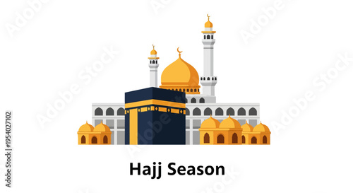 Flat vector illustration of the Holy Kaaba in Mecca Saudi Arabia featuring mosque architecture with golden domes and minarets on white background with text reading Hajj Season.