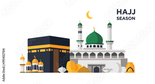 Flat vector illustration for Hajj season featuring the Holy Kaaba, a mosque with green dome and minarets, crescent moon, and Hajj Season text on an isolated white background.