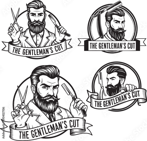 Men Salon Barber Hair Salon logo Vector Vintage Set Eps