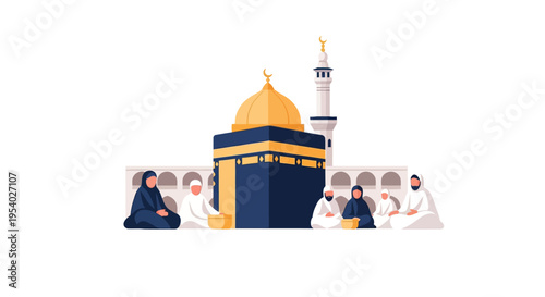 Flat vector illustration of the Kaaba in Mecca with a golden dome and minaret, featuring Muslim men and women in traditional prayer attire and ihram, isolated on white background.