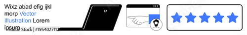 User experience, digital feedback, customer reviews, performance evaluation, online services, quality assurance. A laptop, pointer on a profile and a five-star rating visual. User experience
