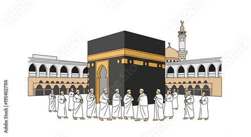 Flat vector illustration of the holy Kaaba in Mecca with Muslim pilgrims in white ihram clothing performing Hajj or Umrah at Masjid al-Haram mosque on a clean white background.
