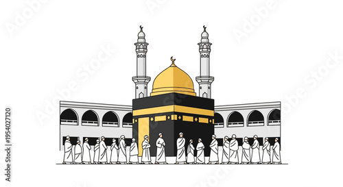 2D flat vector illustration of the Kaaba in Mecca, Saudi Arabia, featuring a golden dome, two minarets, and Muslim pilgrims in white ihram clothing standing before the holy site.