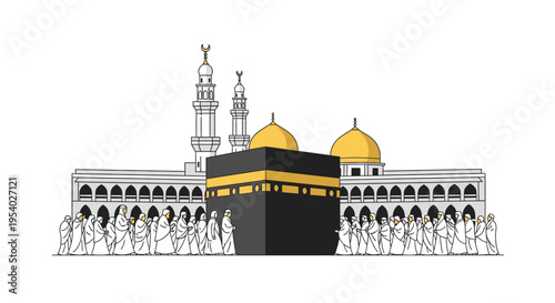 Flat vector illustration of the Kaaba in Mecca, Saudi Arabia, featuring Muslim pilgrims in white Ihram clothing performing Tawaf, with Masjid al-Haram architecture and minarets.