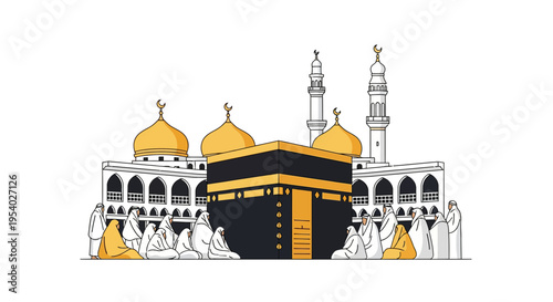 Flat vector illustration of the Holy Kaaba in Mecca with Muslim pilgrims praying, featuring golden domes and white minarets of the Masjid al-Haram on a plain white background.