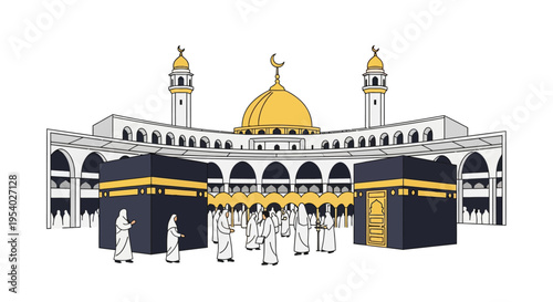 Detailed 2D flat vector illustration of Masjid al-Haram in Mecca featuring the Kaaba, golden dome, minarets, and Muslim pilgrims in ihram clothes on a plain white background.