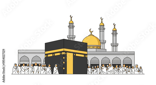 Flat vector illustration of the holy Kaaba in Mecca, Saudi Arabia, with Muslim pilgrims in Ihram clothing before the mosque with golden domes and minarets on white background.