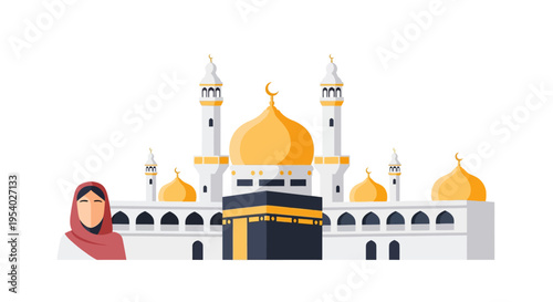 Flat vector illustration of a Muslim woman in a red hijab positioned in front of the Kaaba and Masjid al-Haram mosque with golden domes and white minarets on a white background.