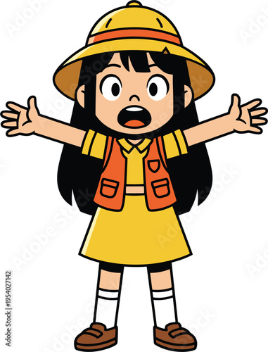 Cute Little Girl Explorer Vector Character with Yellow Pith Helmet and Safari Vest Expressing Wonder and Amazement for Kids Adventure Travel Illustrations