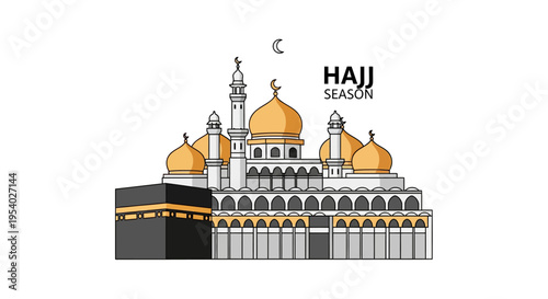 Vector illustration of the Kaaba in Mecca and a mosque with golden domes and minarets, including text for Hajj Season and a crescent moon symbol on a white background.