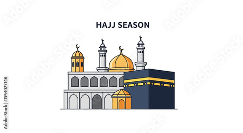Vector illustration of the Holy Kaaba in Mecca with a mosque, minarets, and domes, featuring the text 'Hajj Season' on a white background for Islamic religious concepts.