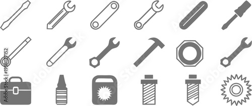 Set of eighteen flat vector icons representing various construction tools and hardware equipment