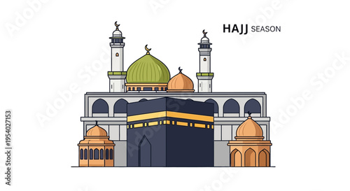 Islamic vector illustration depicting the Holy Kaaba in Mecca, Saudi Arabia, featuring architectural elements of Masjid al-Haram, minarets, and domes for Hajj season pilgrimage.