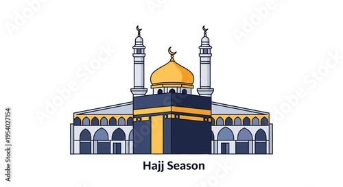 Flat vector illustration of the Kaaba in Mecca, Saudi Arabia, showing the sacred black building with gold accents, minarets, and a dome for the Islamic Hajj season pilgrimage.
