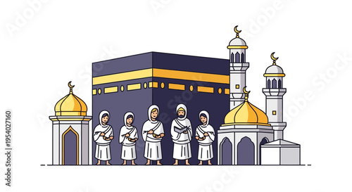 Vector illustration of Muslim pilgrims in ihram garments standing before the Kaaba in Mecca featuring mosque minarets and golden domes with crescent moons on white background.