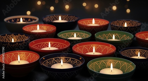 Decorative candles in colorful bowls with geometric patterns on dark surface. Lit white candles create warm glow with soft bokeh lights. Perfect for relaxation, meditation, or festive décor.